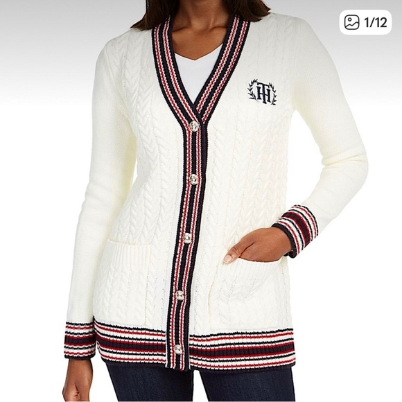 Tommy Hilfiger Sweaters - 🍒TOMMY HILFIGER CREAM CABLE KNIT VARSITY CARDIGAN SIZE LARGE🍒